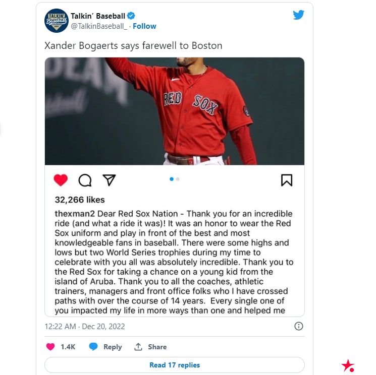 迈博体育 Xander Bogaerts 对红袜队的告别帖子引起了球员的反应